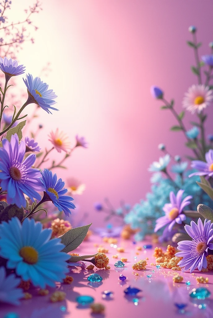 Pink background with cool colorful flowers and light effects on them, and colored nuggets. Give it more variety of colors and more nuggets of many colors