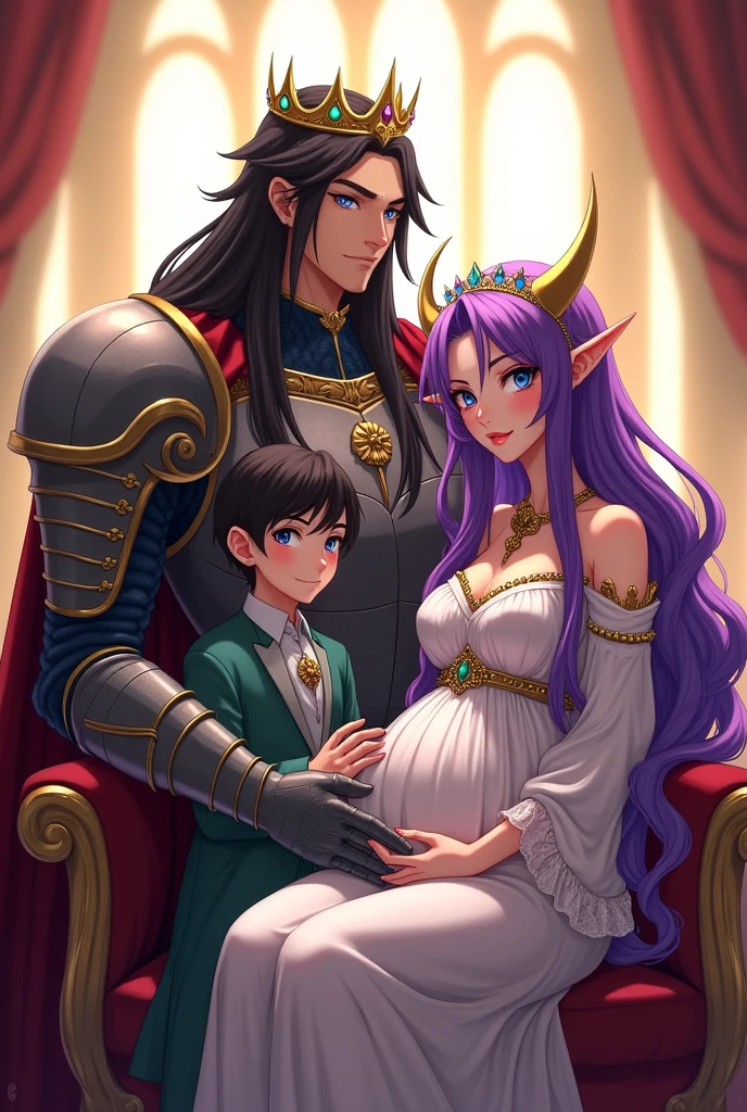 Male character with long straight black hair, with RAF blue eyes, wearing armor and crown with inlaid emeralds, with a serious look, firm pose, while hugging his one year old son, the human prince with purple hair, RAF blue, hugging her father, next to them her mother sitting on an elegant chair, pregnant woman with pointed ears, purple hair with black horns, fuchsia pink eyes, elegant pose, elegantly dressed as a queen, carrying her crown, looking at camera, detailed, daytime, sun rays, ultra detailed photography, 4k quality lighting, high resolution, masterpiece, anime style