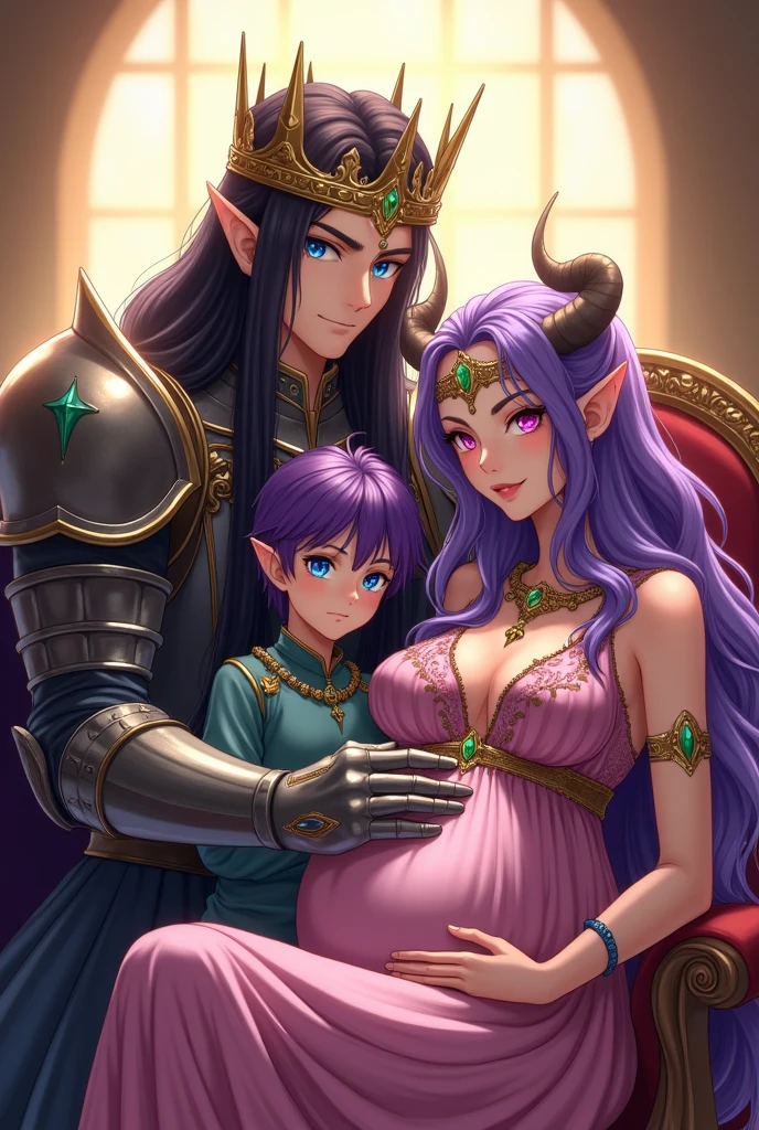 Male character with long straight black hair, with RAF blue eyes, wearing armor and crown with inlaid emeralds, with a serious look, firm pose, while hugging his one year old son, the human prince with purple hair, RAF blue, hugging her father, next to them her mother sitting on an elegant chair, pregnant woman with pointed ears, purple hair with black horns, fuchsia pink eyes, elegant pose, elegantly dressed as a queen, carrying her crown, looking at camera, detailed, daytime, sun rays, ultra detailed photography, 4k quality lighting, high resolution, masterpiece, anime style