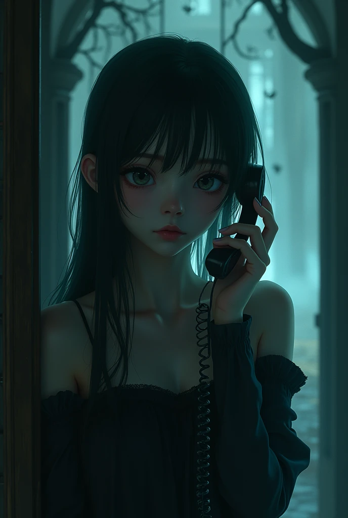 (best quality, masterpiece, ultra detailed, ultra high res, photorealistic, raw photo, absurdres, absolutely resolution), anime、woman is the main character、mysterious、Suspenseful Tone、Dark tones and shadows、A little creepy atmosphere、Surrealism、Dark fantasy、
The protagonist makes a phone call、No one comes out。