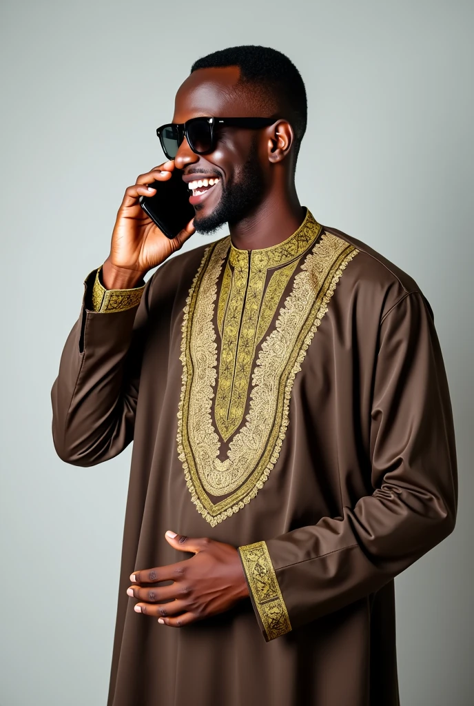 Photo 1 :  jeune homme d’affaires sénégalais noirs,grand de t’aille, habillé avec habits traditionnelle du nord  , qui est entrain de parlé au téléphone et il porte des lunettes très noir fumer et souriant 
