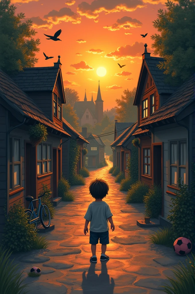 Tattoo ideas: The center of the tattoo is a child about , depicted in a nostalgic and stylized way. The child is stepping forward, symbolizing the beginning of your journey. They are surrounded by alleys, small houses that represent the district 5 alley where I was born. In the background, the silhouette of the alley sits high above, with ancient houses and church steeples peeking through the trees. The setting sun radiates warm colors across the sky, evoking feelings of nostalgia and beautiful memories. Surrounding the child are smaller elements that represent your childhood friends: maybe a bird flying overhead, a bicycle leaning against a tree, and a soccer ball lying in the grass. In the distance, subtle hints of the challenges and obstacles I encountered are woven into the scene - perhaps a breaking storm cloud, symbolizing overcoming adversity, or a winding road leading into the unknown, symbolizing the journey ahead. Overall, tattoos represent the innocent nature of a child's childhood, the bonds of friendship and the resilience that the child has developed through life's challenges.