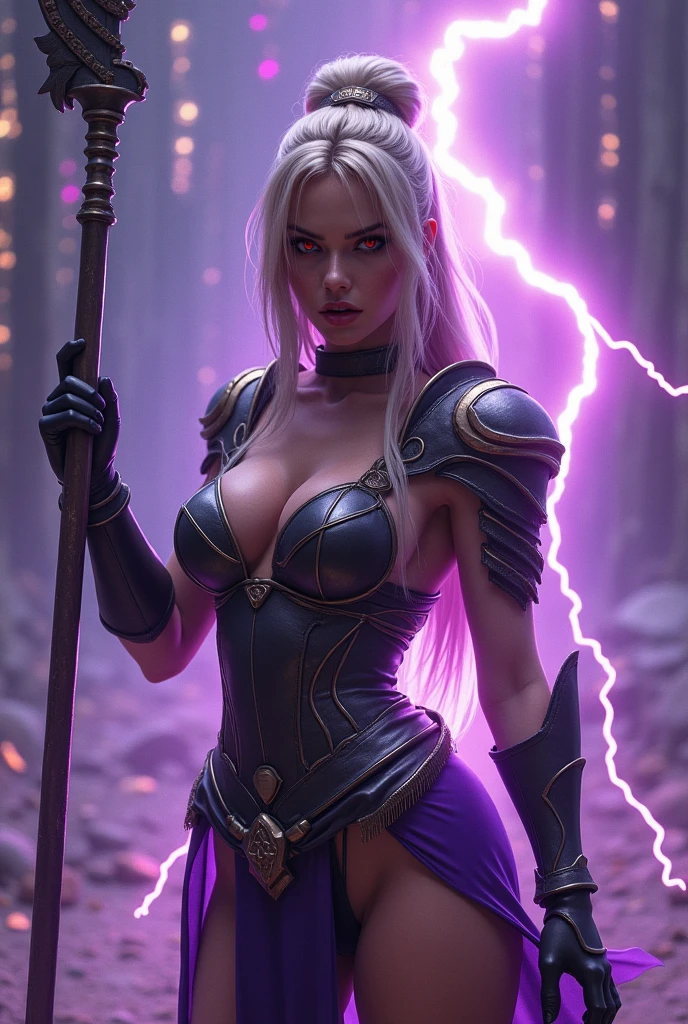 blonde woman,very long straight hair with a bun and bangs,with sexy warrior goddess sexy armor,too thin waist,light red eyes,athletic fitness body,angry face,angry face,with a mighty staff,thick lips,thick eyebrows,lips painted violet,posing on the back,LOOKING AT THE SPECTATOR,posing sexy,ass in thong,Fitness ass,round ass,with lots of energy around violet color,and electric rays surrounding her,big tits,very sexy armor,with erotic long stockings,with a lot of magical power,real imageista,real image,real human image,non-animated image,image without animation,very tight armor,posing on the back, mostrando el ass in thong,looking at the viewer,posing on the back,LOOKING AT THE SPECTATOR.