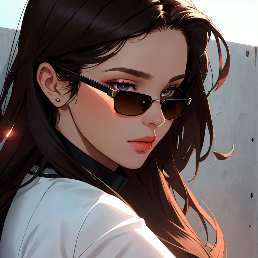 Create profile of young woman with dark brown hair, to wear black sunglasses