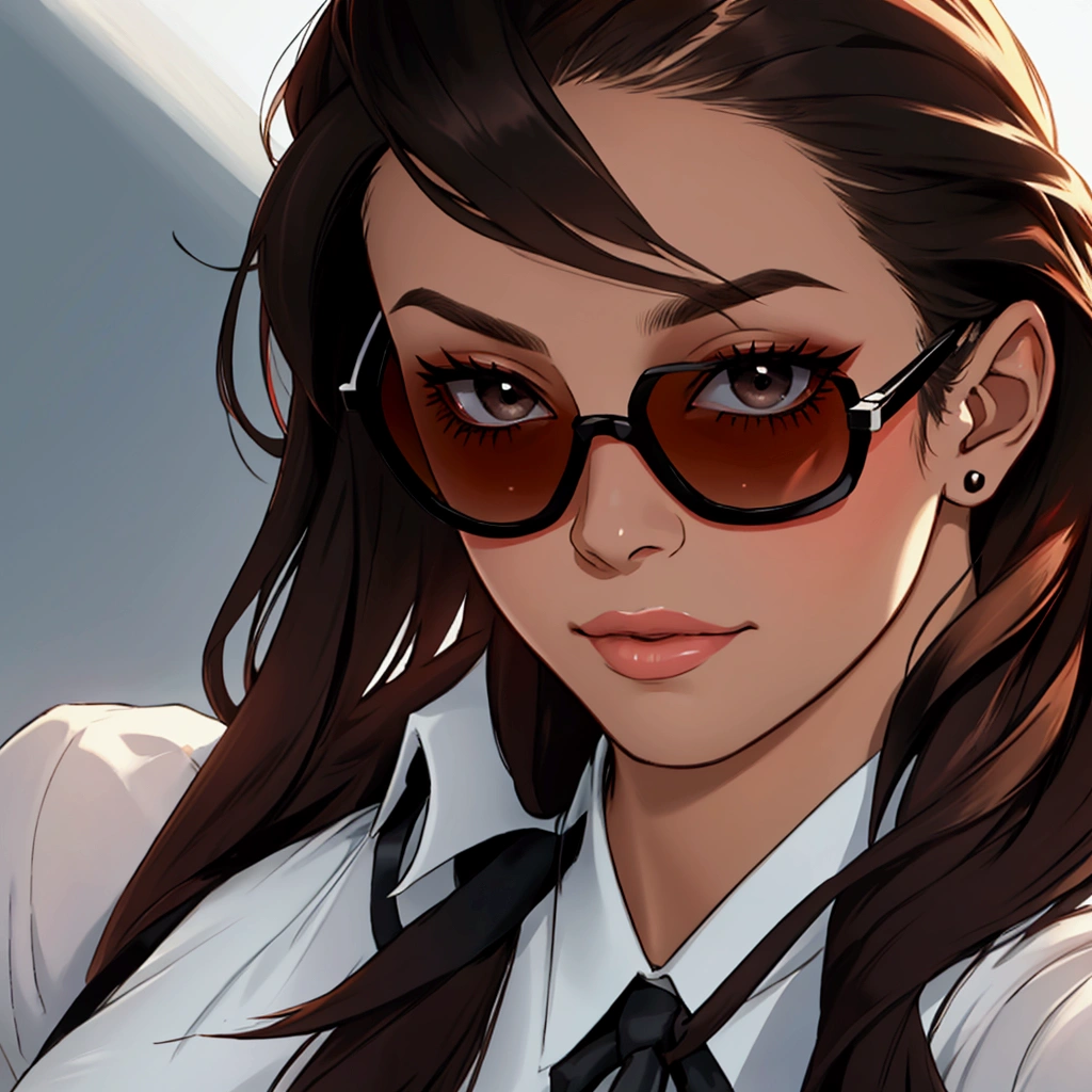 Create profile of young woman with dark brown hair, to wear black sunglasses