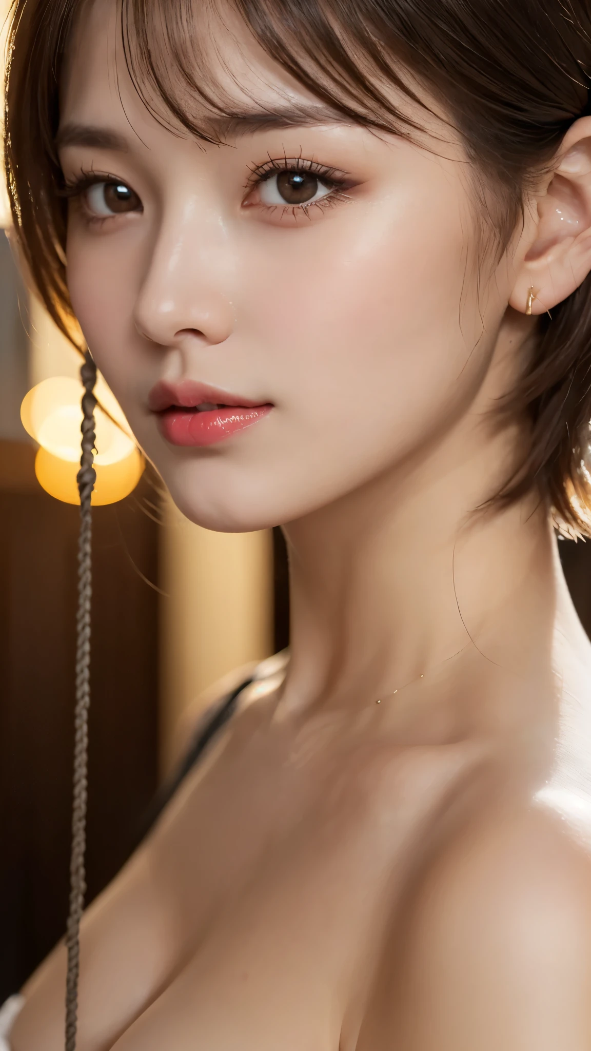 (Photorealistic, 32k, RAW photo, best quality:1.4), (masterpiece:1.3), (ultra high resolution, ultra realistic, highly detailed, golden ratio, ultra detailed), natural makeup, intricate cloth texture, finely detailed hair texture, beautiful full-body, perfect female form, anatomically accurate, highly detailed face and skin, (elegant hands), (realistic skin), (beautiful pale skin:1.1), (extreme close-up:2.0), (Oversized Breasts, generous cleavage), (Wearing Swing Dress:1.5),
BREAK,
realistic eyes, captivating detailed eyes, symmetric eyes, light brown eyes, double eyelids, thin eyebrows, (glossy lips:1.4), (kissable expression, blush:1.3),
BREAK,
((short bob cut, dark brown hair, bangs:1.2)), (Late Night, bedroom:1.3)
