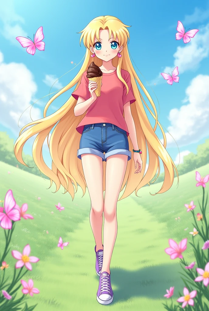 Serena Tsukino with extremely long dull yellow hair with blue eyes wearing a small red shirt with a blue jeans short with purple sports shoes .. On her left hand, a pretty bracelet with heart-shaped earrings with a background of a spring landscape with pink butterflies flying and with her right hand, eating a chocolate ice cream.
