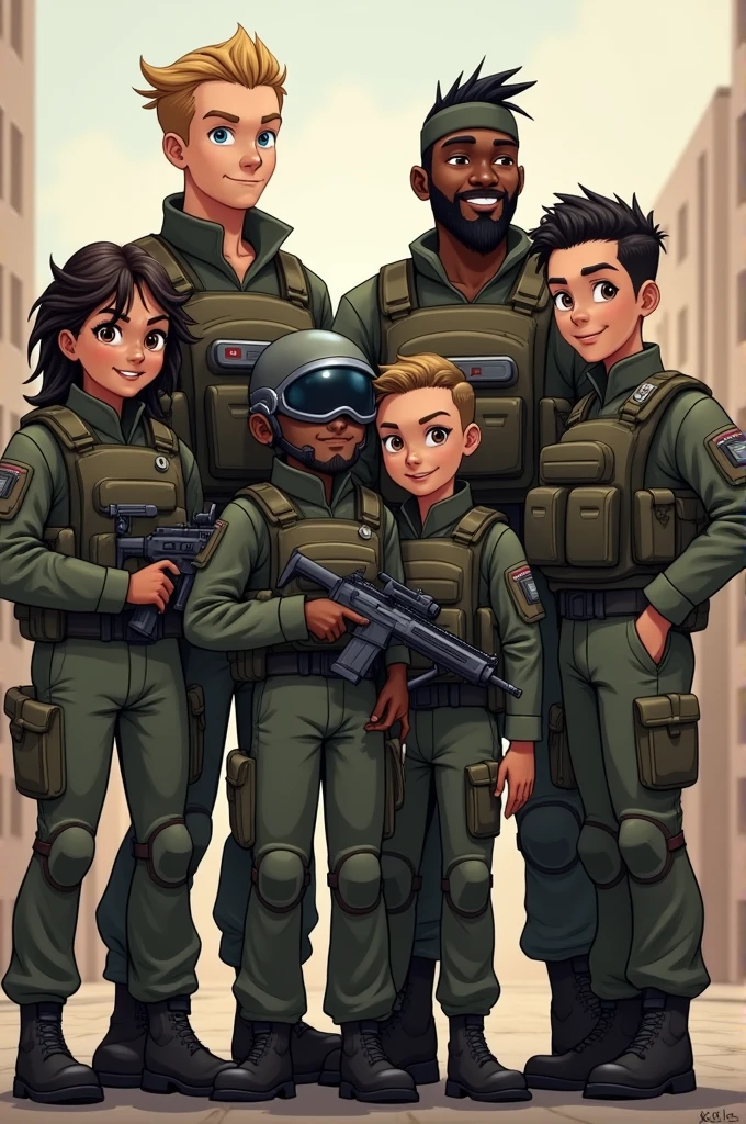 Group of 5 soldier friends.
The first friend is the tallest, he combs his hair back and his skin is white. The second friend is short, He wears a helmet from the future that covers his face, His skin is also white, the third friend has long hair, He wears glasses and has a beard but no mustache.. The fourth friend is tall and dark-skinned., His hairstyle is half up but his hair is somewhat short and he has a beard but very very little. The fifth friend wears a doctor's helmet and is the shortest and thinnest., Her hair is short and her skin is dark. The last friend has medium-long hair combed in the middle, He wears a band on his forehead and is also dark-skinned..
They all wear tactical clothing.