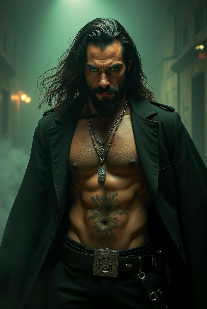 Give me a mafia king, strong, Long hair, green eyes, with penetrating gaze, with bare torso