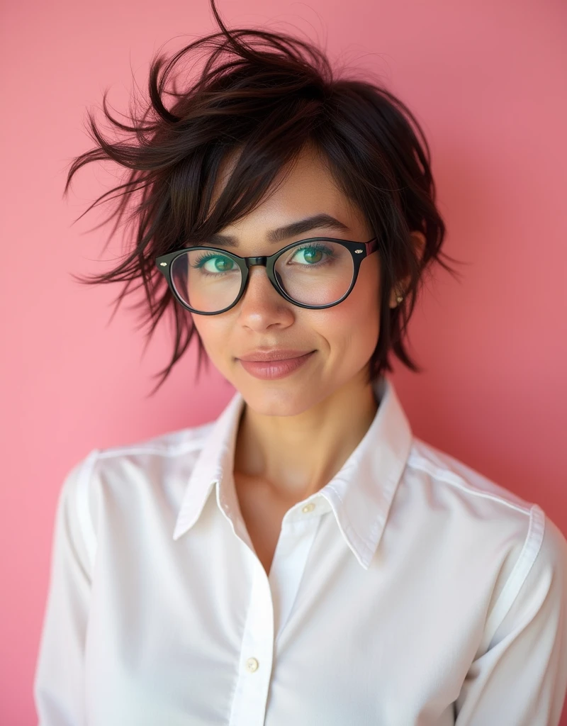 Realistic photos, 40 years witch of medium height, around 1.65 meters tall, with a fit and athletic build. In general, she wears eyeglasses, white shirt classic style with a mix of practicality and eccentricity.
Her most distinctive feature is her hair, a complete dark brown color. She has an oval-shaped face with well-defined features: a small, upturned nose, full lips, and large dark brown eyes. Her skin is very clear, without noticeable imperfections. Tonks usually keeps her pixie haircut messy, reflecting her rebellious and carefree personality. In general, its appearance is youth age, dynamic and constantly changing. Pink background, sweet atmosphere