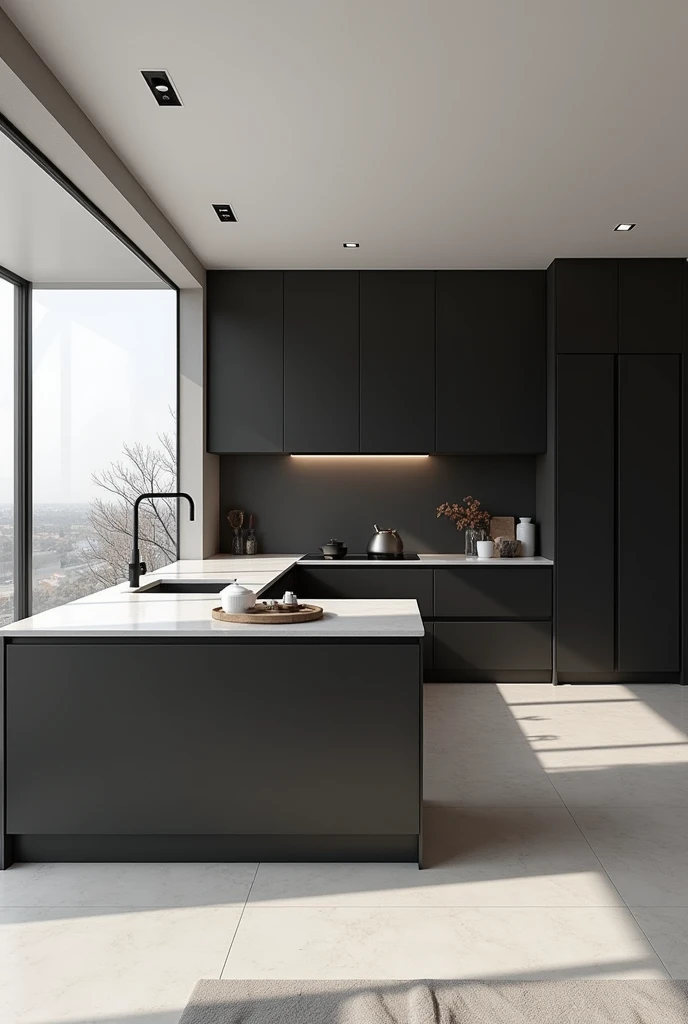 Create a 2m by 2m kitchen.5m in black and white tones with a window on the left of the image and a door on the front wall leading to the bedroom