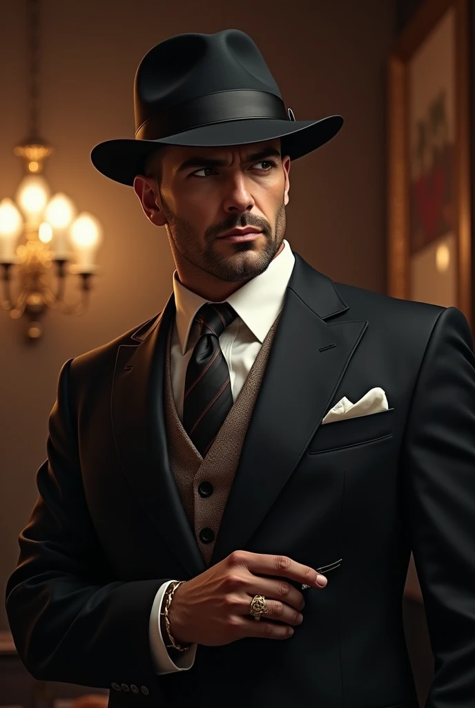 

### Characteristics of Don Juan

**muka e expression:**
- **muka:** Don Juan has a well-defined face, with striking features. His eyes are intense and piercing, conveying a sense of power and cunning. Your chin is strong and your jaw is well defined., giving him an appearance of authority.
- **expression:** His expression is serious and calculating, showing determination and a sharp mind. He must have a look that suggests both confidence and the complexity of his role in the Mafia..

**Suit:**
- **Farbe:** A dark colored suit, como black or charcoal gray, is ideal for conveying sophistication and power.
- **styled:** The suit is classic, with a sleek, well-fitting cut. The jacket must have an impeccable fit, with discreet shoulder pads to enhance the character&#39;s posture.
- **detaileds:** The suit may include a vest of the same tone and a tie which may be of a contrasting color., like wine or silver, with a subtle pattern. The jacket must have pockets with pocket square, which can be made of a luxurious fabric or with an elegant pattern.
- **chemise:** The shirt is light in color, usually white, to create a sharp contrast with the dark suit.
- **Accessories:** Include a discreet gold chain or a visible gold ring, that add a touch of luxury. 

**Mafioso hat:**
- **styled:** The hat is a classic fedora, very associated with the mafiosos of the time.
- **Farbe:** The hat can be the same color as the suit (black or charcoal gray) to maintain a cohesive and sophisticated look.
- **detaileds:** The fedora should have a brim that curves slightly upwards., and a strip of fabric around the base, which can be the same color or a slightly different shade to complement the suit. The hat should be positioned at a slight angle, giving an air of mystery and elegance to the character.

