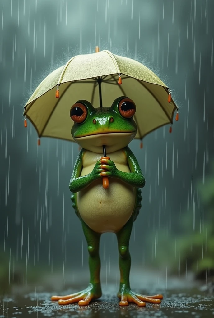 A frog enduring heavy rain with an umbrella
