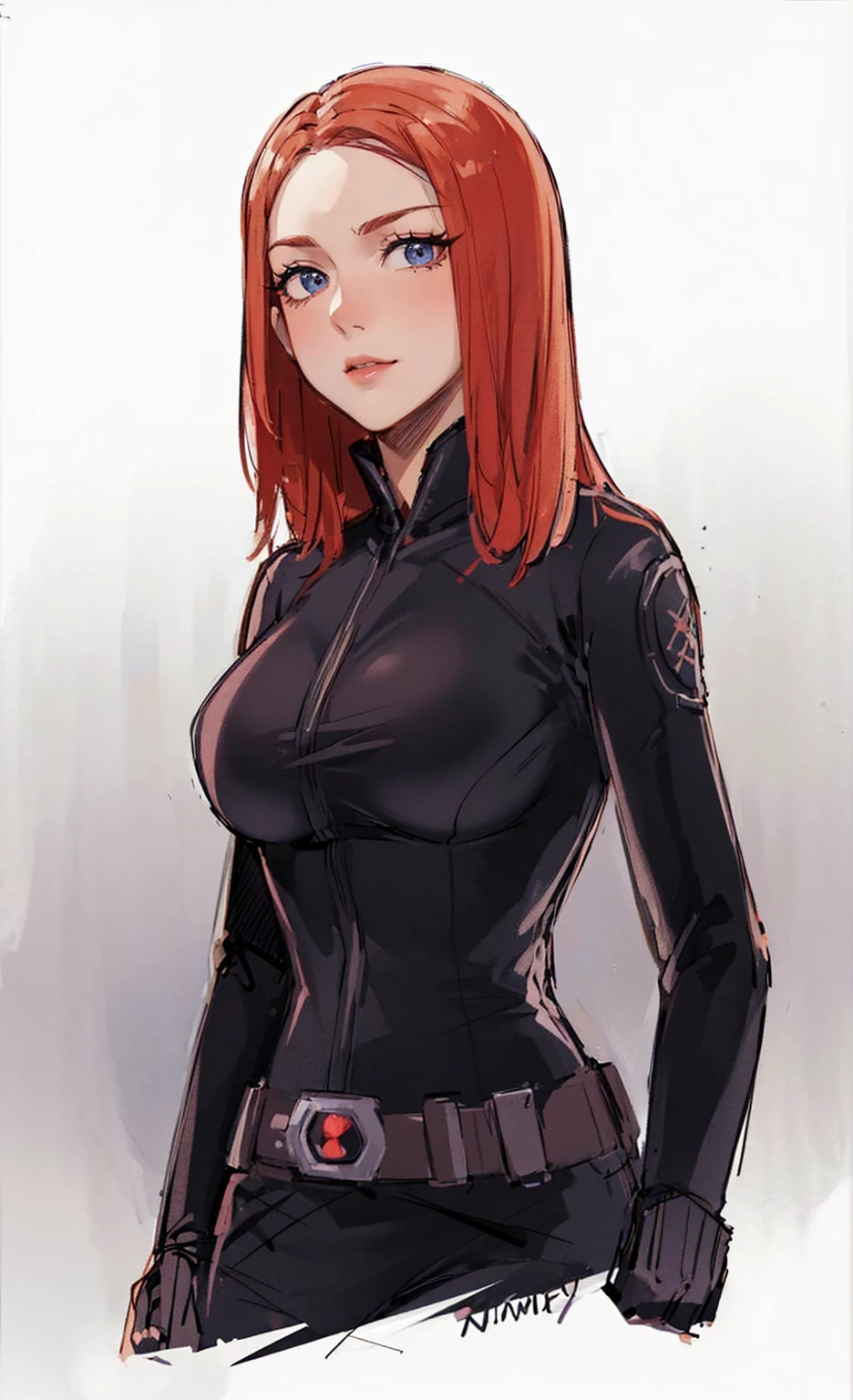 The image depicts Black Widow. She is illustrated with long, bright red hair and blue eyes, and is clad in a sleek skin-tight shiny black latex bodysuit with a silver zipper running down the front. The suit is complemented by her shiny iron wrist guard on both wrists and a metal belt with a buckle that features a red hourglass mark. Her gaze is intent and directed off-screen, implying alertness and focus on an unseen threat or target. She appears with a cute smile on her face. The atmosphere of the image conveys confidence and resilience, characteristics synonymous with the Black Widow persona. The background of the image is an off-white color, which creates a subdued and timeless ambiance.