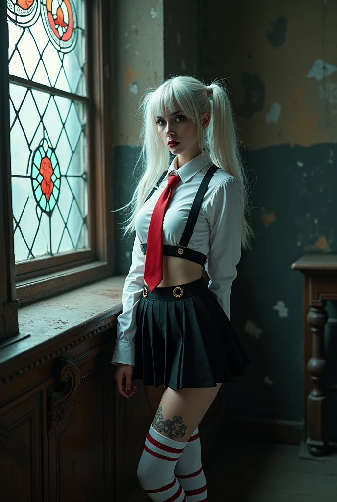 The image depicts a woman in an elaborate cosplay or alternative fashion outfit, posing in what appears to be an old, gothic-style room. Here's a detailed prompt describing the scene:
"A young woman with long white hair in pigtails stands near a large stained glass window in a dimly lit, gothic interior. She's wearing a provocative schoolgirl-inspired outfit consisting of a cropped white shirt, red tie, short pleated black skirt, and white thigh-high socks with red stripes. Her makeup is dramatic with dark lipstick and eye makeup. She has visible tattoos on her thigh. The woman is holding an ornate book and gazing intently at the camera. The room features weathered walls, dark wood paneling, and ornate architectural details, creating a moody, atmospheric backdrop. The lighting from the stained glass window casts a soft, ethereal glow on the scene."
This prompt captures the key visual elements of the image, including the subject's appearance, her outfit, the setting, and the overall mood of the photograph. Would you like me to elaborate on any specific aspect of the image or prompt?