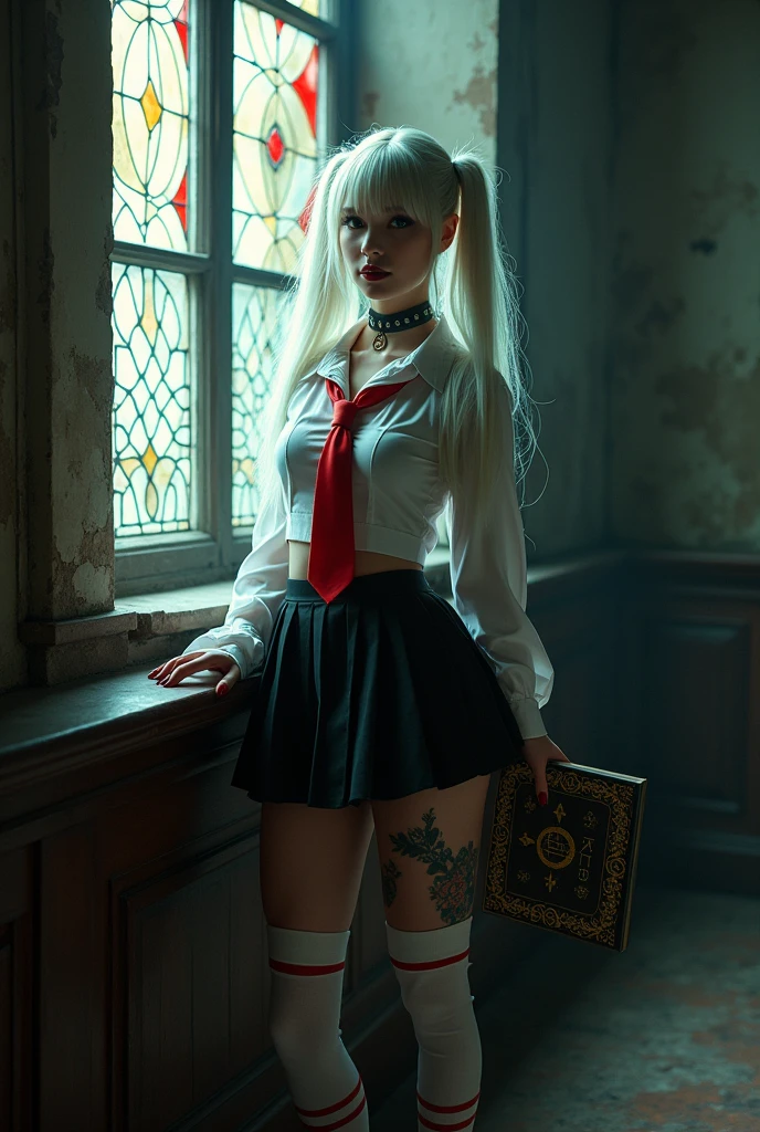 The image depicts a woman in an elaborate cosplay or alternative fashion outfit, posing in what appears to be an old, gothic-style room. Here's a detailed prompt describing the scene:
"A young woman with long white hair in pigtails stands near a large stained glass window in a dimly lit, gothic interior. She's wearing a provocative schoolgirl-inspired outfit consisting of a cropped white shirt, red tie, short pleated black skirt, and white thigh-high socks with red stripes. Her makeup is dramatic with dark lipstick and eye makeup. She has visible tattoos on her thigh. The woman is holding an ornate book and gazing intently at the camera. The room features weathered walls, dark wood paneling, and ornate architectural details, creating a moody, atmospheric backdrop. The lighting from the stained glass window casts a soft, ethereal glow on the scene."
This prompt captures the key visual elements of the image, including the subject's appearance, her outfit, the setting, and the overall mood of the photograph. Would you like me to elaborate on any specific aspect of the image or prompt?