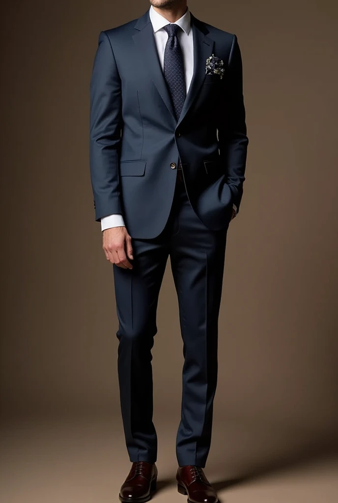 "Create a sophisticated and versatile men’s suit that is perfect for regular functions and events. The suit should consist of a single-breasted jacket and matching trousers made from a high-quality wool-cashmere blend in a deep, rich color like midnight blue or charcoal gray. The jacket should have a tailored fit, peak lapels, and jetted pockets, with a silk lining in a subtle pattern. The trousers should be slim and tapered, with a flat front and a hidden closure for a clean look. The shirt should be made from fine Egyptian cotton with French cuffs and a spread collar, allowing it to be worn with or without a tie. Accessories should include a silk tie and pocket square in complementary colors, and polished leather Oxford shoes. The overall outfit should reflect understated luxury and be suitable for a man with a sophisticated, wealthy personality, ensuring he looks elegant and refined without appearing too dramatic or theatrical."