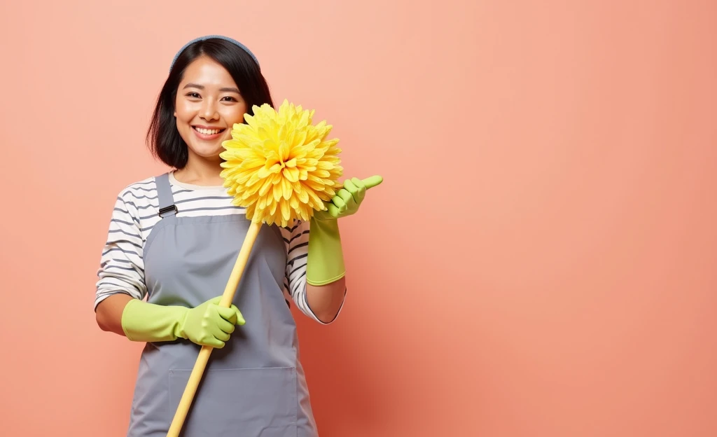 Young woman holding a yellow mop. There's a happy smile on your face, short-hair, smooth and black, with a headscarf. His skin is of medium tone. She wears green cleaning gloves, and a blue blue apron. Keep the background plain peach color and the model pose the same, pointing to the mop.