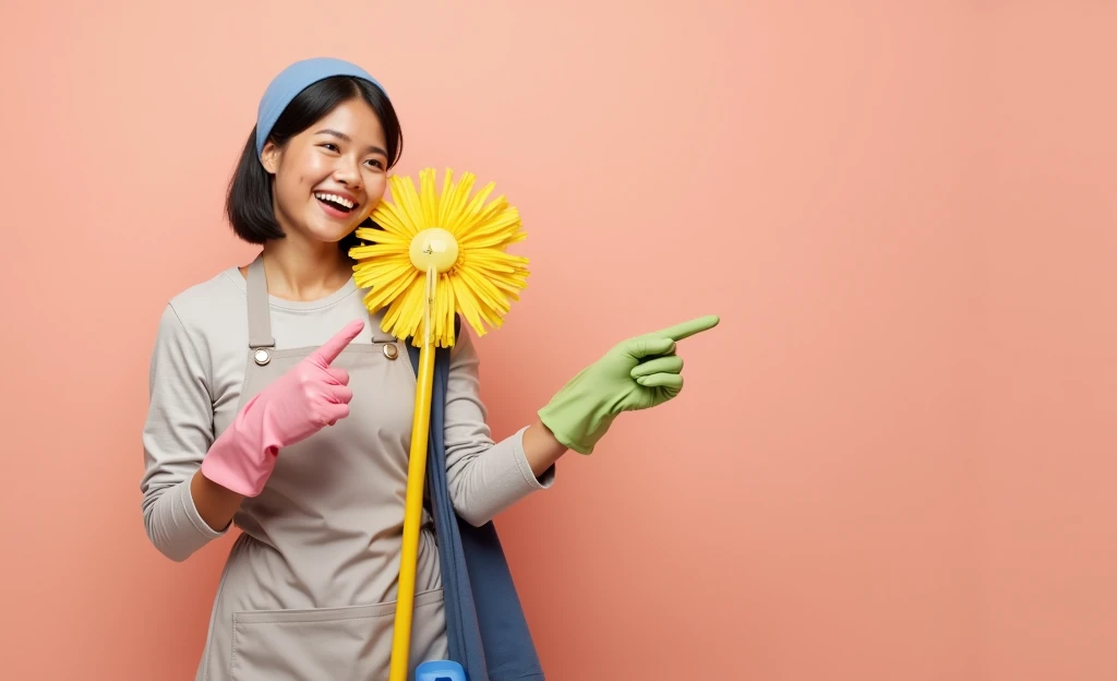 Young woman holding a yellow mop. There&#39;s a happy smile on your face, short-hair, smooth and black, with a headscarf. His skin is of medium tone. She wears green cleaning gloves, and a blue blue apron. Keep the background plain peach color and the model pose the same, pointing to the mop.