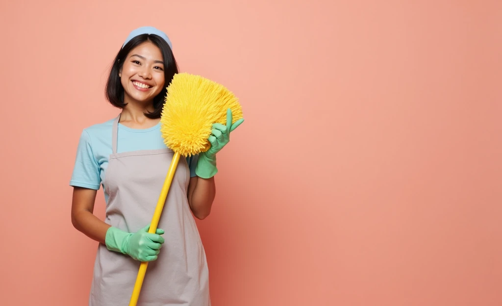 Young woman holding a yellow mop. There's a happy smile on your face, short-hair, smooth and black, with a headscarf. His skin is of medium tone. She wears green cleaning gloves, and a blue blue apron. Keep the background plain peach color and the model pose the same, pointing to the mop.