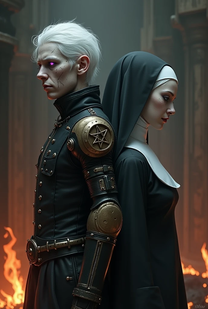 Duas albino realist, back to back left with violet violet eyes, black short hair, cut on the face, steampunk arm prosthesis with pentagram, exalting vampire suffering behind, right dressed as a white nun white hair logo, eyes closed, Grieving, nun behind, fire, natta 