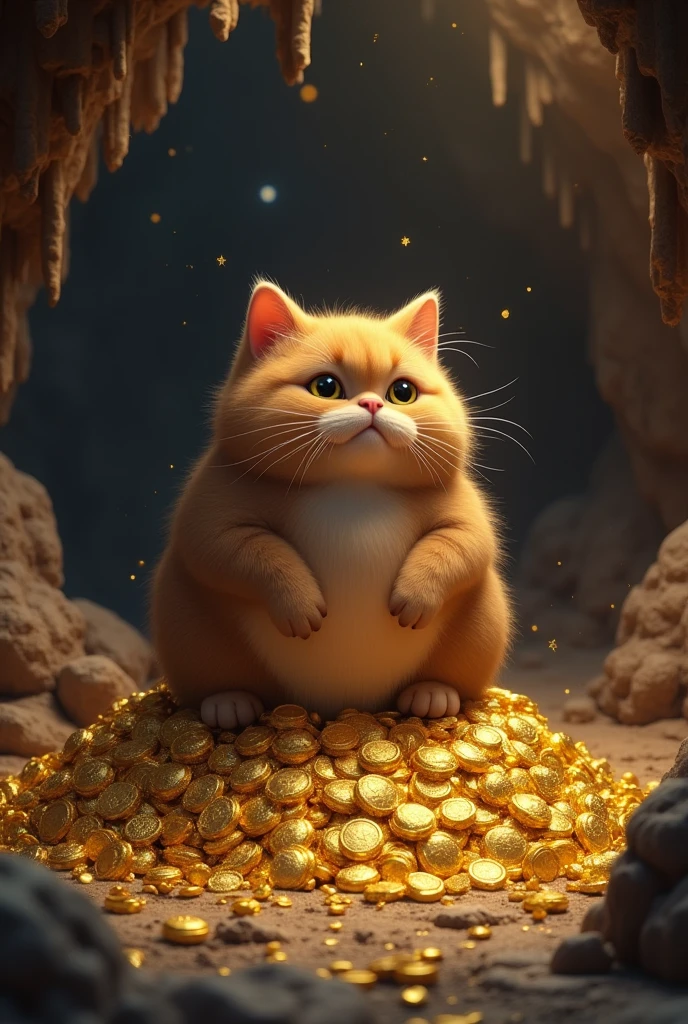 Make a chubby brown cat sit on a pile of gold in a cave