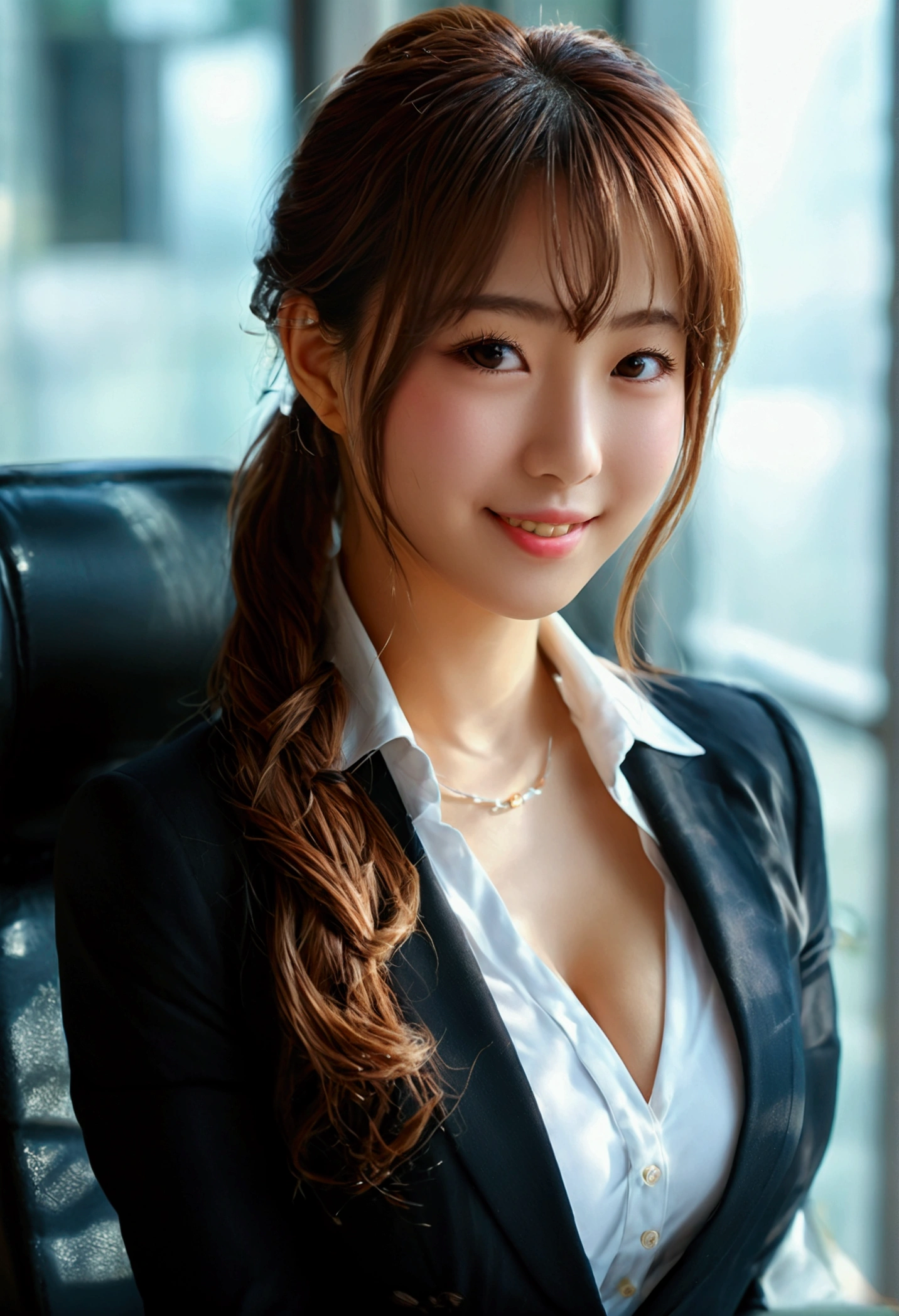 ((最high quality, 8k, masterpiece: 1.3)), (close:0.75), Realistic, Sharp focus, high quality, High resolution, Japanese,Woman with huge 40 inch bust、Idol face、Chubby body type、A girl with huge breasts (Wearing a business suit), ((Very strong sunlight)), smile, Brown hair ponytail,オフィスでカメラに向かいsmileのアップ、Image of cleavage emphasized by bending forward、
