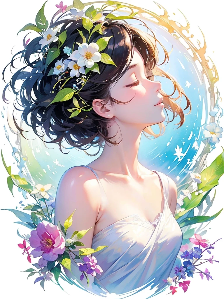 (masterpiece、Highest quality、Highest quality、Beautiful and beautiful:1.2)、Excellent anatomy、(Watercolor painting 1.5)、Long Shot、straight short hair images、Trendy Hair Color, Beautiful Face、Beautiful profile, Bow down and be quiet, I close my eyes and pray, Fairy, 蝶のFairyのコスチューム、Pure white、Pure、charm, Colorful flowers of different colors, Flower and leaf wind、Botanical Art,