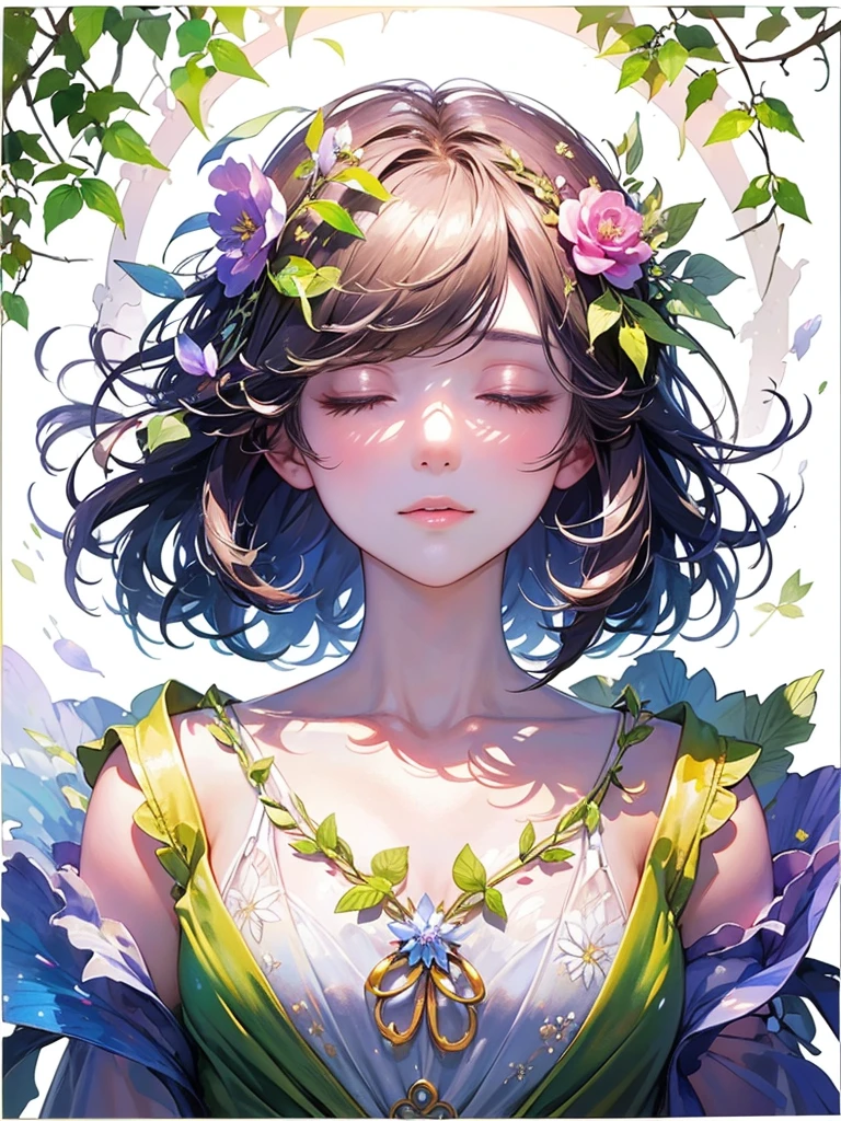 (masterpiece、Highest quality、Highest quality、Beautiful and beautiful:1.2)、Excellent anatomy、（Watercolor painting 1.5）、Long Shot、straight short hair images、Trendy Hair Color, Beautiful Face、Beautiful profile, Bow down and be quiet, I close my eyes and pray, Fairy, 蝶のFairyのコスチューム、Pure white、Pure、charm, Colorful flowers of different colors, Flower and leaf wind、Botanical Art,