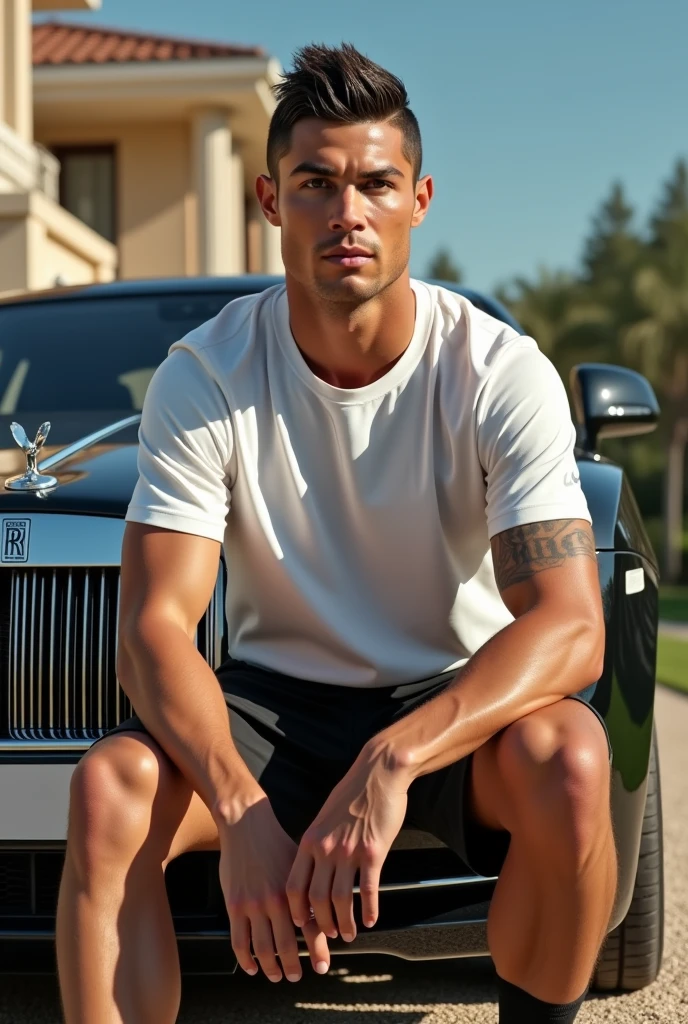 Cristiano Ronaldo ;portant un t-shirt blanc nike;une culot noir nike ;des claquette noir nike,des sauchette blanc nike;assis au kapau d'une rolls roys;devant un villa
