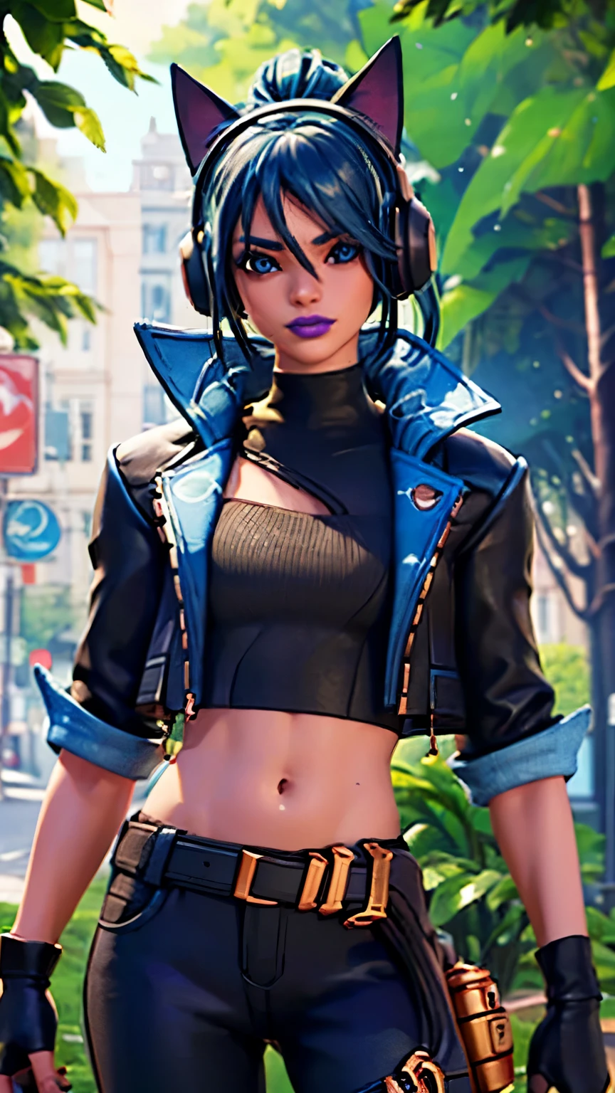 Forest background, 1girl, solo, HeroicHopeFN, Heroic Hope from fortnite, (crop top, black top, open clothes), (jacket crop top, black jacket, blue loose, jacket loose), fingerless gloves, black pants, blue belt, blue hair, ponytail, blue eyes, headphones, cat ears headphones, holster, holster spray cans, purple lips, lipsticks, smirk