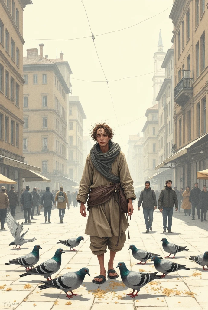 ((drawing style)) thin young man with haggard face feeding pigeons in the square