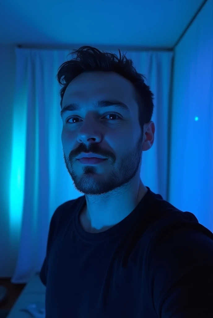 there is a man standing in a room with a blue light, 8k selfie shotgraph, very low quality image, Serpentina do Twitch / gamer ludwig, with light stubble, selfie shot, light stubble, selfie of a man, reddit post, around 1 , low quality photo, taken at the beginning of 2020