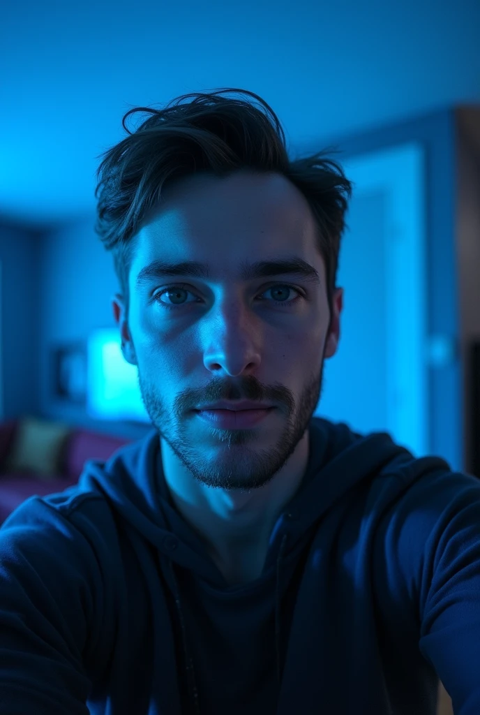 there is a man standing in a room with a blue light, 8k selfie shotgraph, very low quality image, Serpentina do Twitch / gamer ludwig, with light stubble, selfie shot, light stubble, selfie of a man, reddit post, around 1 , low quality photo, taken at the beginning of 2020