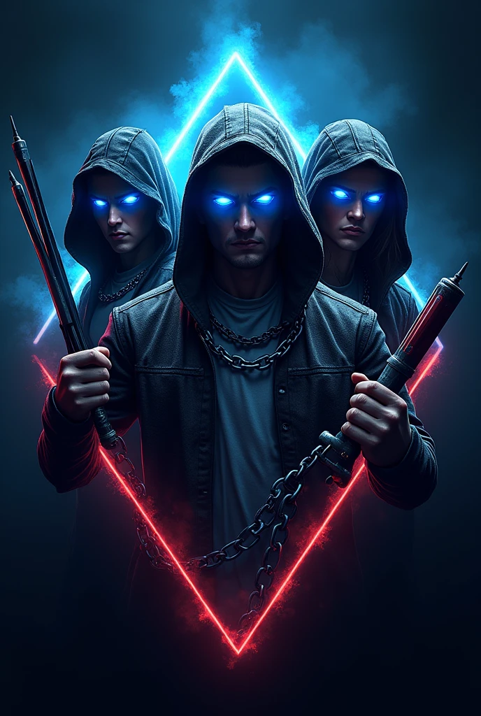 Logo the 3 gangsters (Online PVP Game theme) with blue eyes looking like superpower holding weapons and with chain around neck