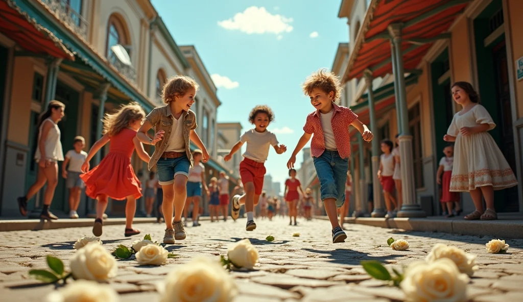 1890, (best quality, 8k, photorealistic, photo-realistic:1.37), detailed intricate city of Cape Town, beautiful white roses scattered on the ground, children playing and running in the streets, vibrant colors, natural lighting, atmospheric, cinematic, dramatic lighting, highly detailed, hyper-realistic