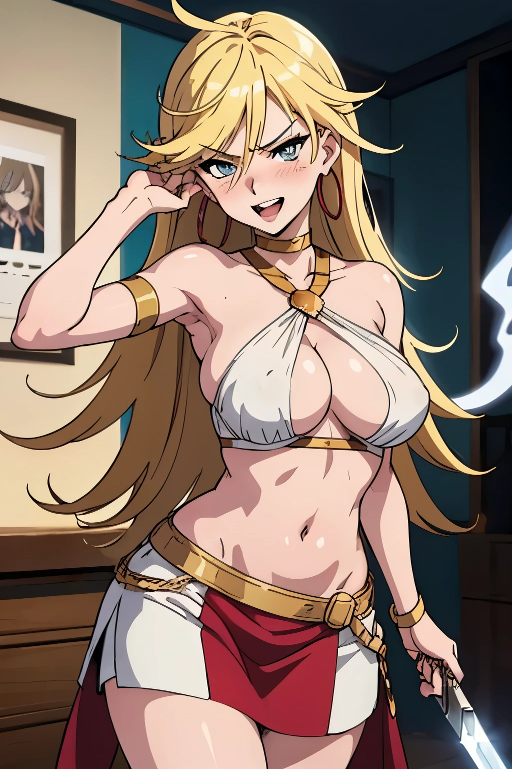  psgpanty, , hoop earrings, choker, blue eyes, blush, lipstick, long hair, Hot girl, baddie, staring, glaring, bad attitude, mean girl, crazy, smoking, masterpiece, best quality, highly detailed, fantasy , a anime girls in armored dress holding a sword
posing for a picture, evil smile, smile, open mouth, breastplate with open cleavage, cleavage, warrior
outfit, ecchi anime style, anime girls, ecchi style, (nsfw) not safe for work, ecchi, digital anime art!!, in
anime style, official artwork, visual novel cg, beautiful anime girl, anime style 4 k , loincloth, exposed
belly, exposed navel, exposed midriff, exposed lower belly, pencil skirt armored, castle,inside castle