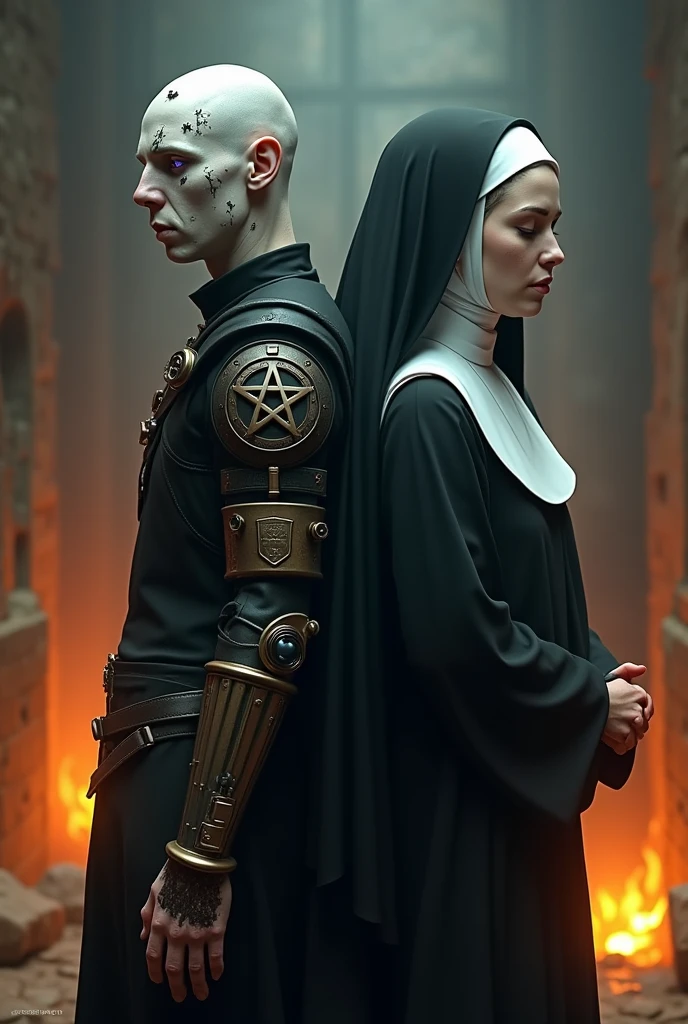 Duas albino realist, back to back left with violet violet eyes, black short hair, cut on the face, steampunk arm prosthesis with pentagram, exalting vampire suffering behind, right dressed as a white nun white hair logo, eyes closed, Grieving, nun behind, fire, natta