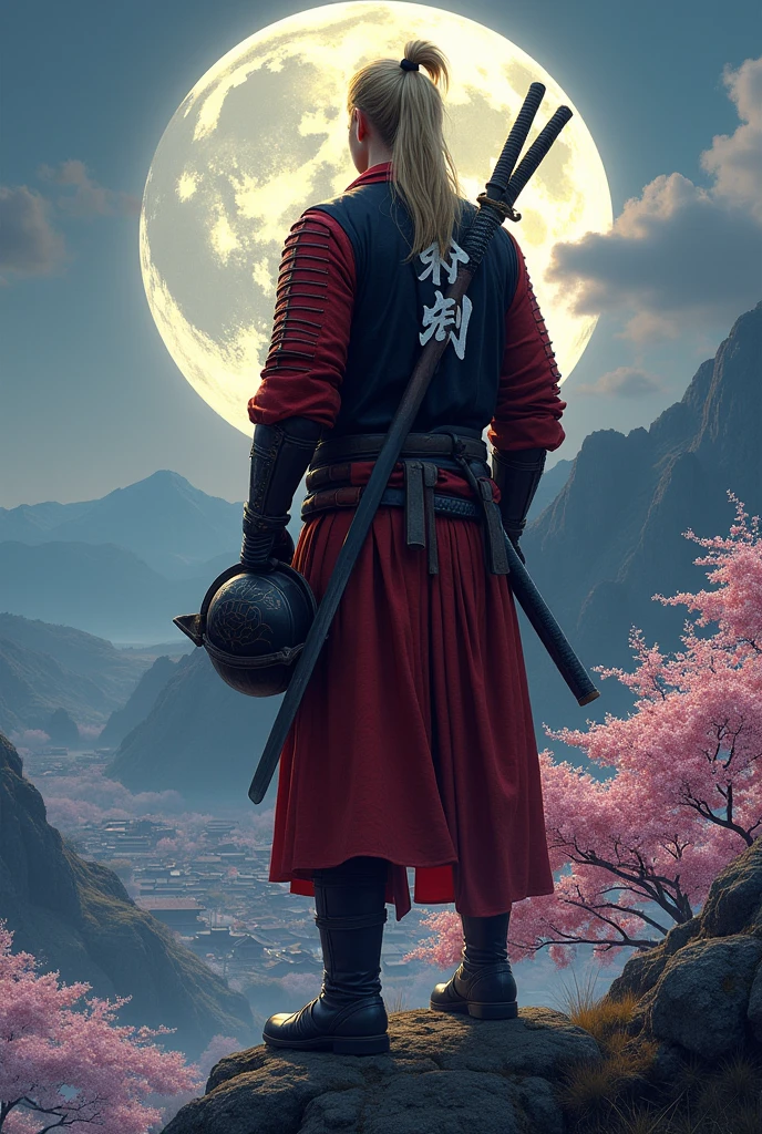 Samurai, a man 170 cm tall with blond hair and blue eyes, hair tied into a ponytail with a piece of leather similar to a hair tie, tail length to shoulders, he has scarlet armor with a cape, On the black cape are Japanese runes denoting peace, The color of the runes is white. The samurai has two blades, one is two-handed on his back, the other is a regular katana., holds a scarlet helmet in his hands, [top quality] [1:1] окружение ночь полнолуние Samurai стоит на горе, under the mountain there is an ancient Japanese settlement in the center of the settlement cherry blossoms have blossomed, [top quality] [1:1] Phone wallpaper 