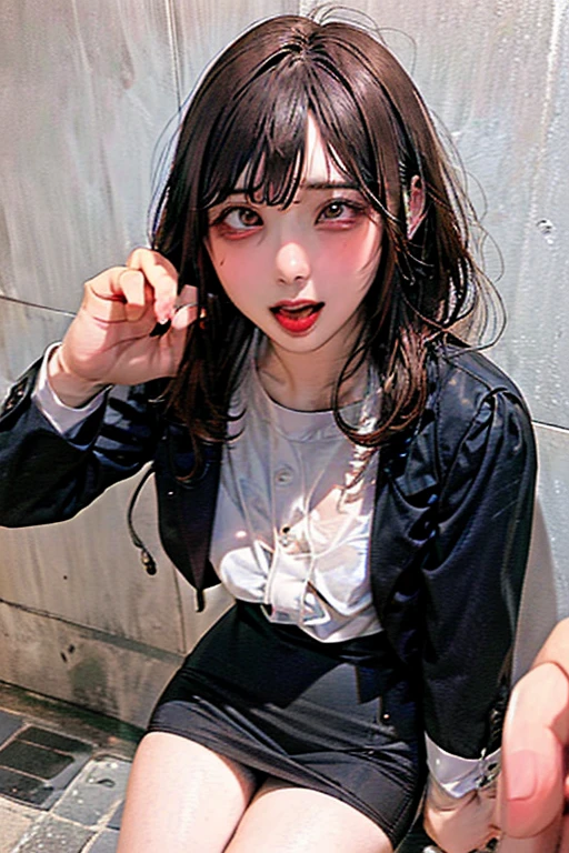 allfours:1.5,masterpiece,quality,High resolution,高quality,Realistic,Brown Hair,blunt bangs,business suit,Pencil Skirt,Black jacket,White collared shirt,whole body,Ahegao,Sweat:2.0,Wet:2.0,White chocolate,,Blue remote controller