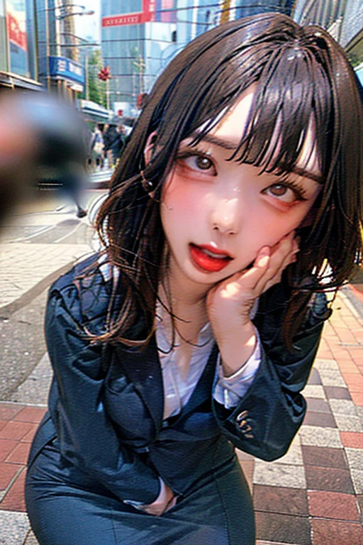 allfours:1.5,masterpiece,quality,High resolution,高quality,Realistic,Brown Hair,blunt bangs,business suit,Pencil Skirt,Black jacket,White collared shirt,whole body,Ahegao,Sweat:2.0,Wet:2.0,White chocolate,,Blue remote controller