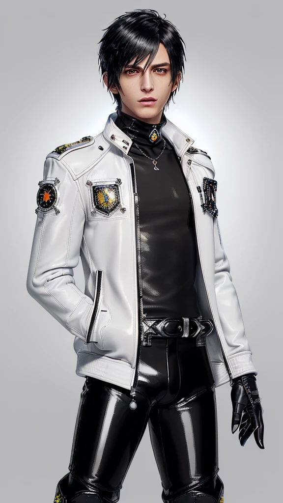 ((Final fantasy taste and reality graphics)), ((Japanese young cute and cool ikemen  boy)), his age is early 20s, thin eyebrows and beady eyes,  ((((he wearing white color and  shining brightly enamel leather thick single-brest  jacket)))), ((with epaulet)), ((enamel leather jacket close all zippers)),, ,(( jacket collar is high length stand-up collar with belts)), jacket is a little black line pattern,close the front of the jacket, (((also wearing black color turtleneck shining brightly enamel leather shirts))),  (((tight black and shining brightly enamel leather pants))), ((((shining brightly black enamel leather tight and thin glove)))), ((black color and shining brightly leather knee-high raceup boots)),head-to-toe, whole body, boy looks like fashion model,Do not show skin from the neck down,(((all his clothes are smooth design and very shining)))