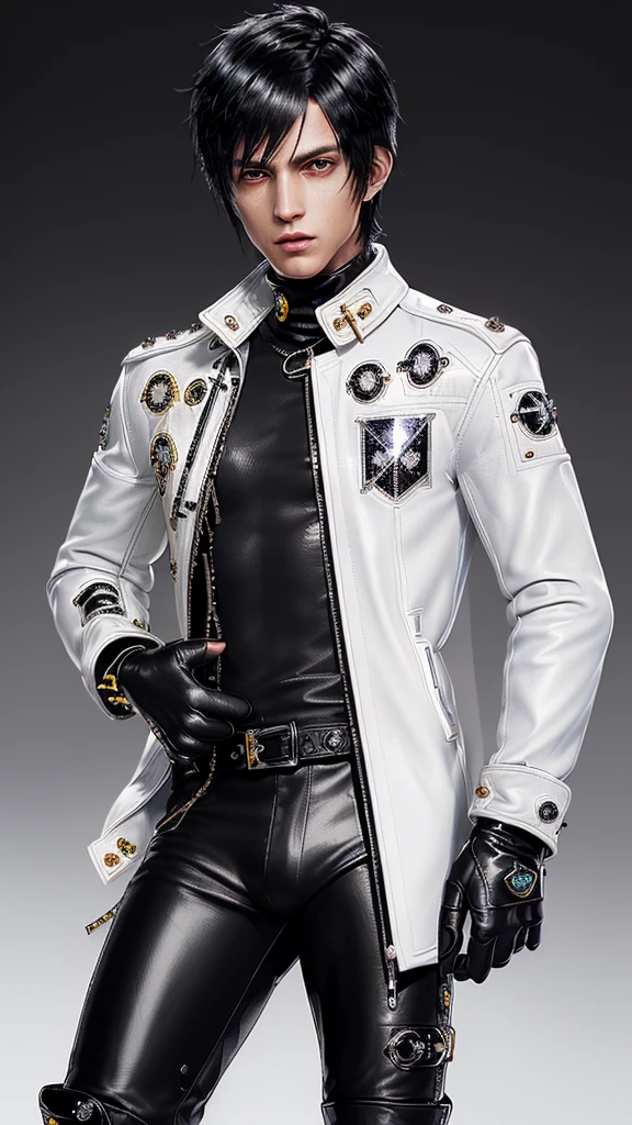 ((Final fantasy taste and reality graphics)), ((Japanese young cute and cool ikemen  boy)), his age is early 20s, thin eyebrows and beady eyes,  ((((he wearing white color and  shining brightly enamel leather thick single-brest  jacket)))), ((with epaulet)), ((enamel leather jacket close all zippers)),, ,(( jacket collar is high length stand-up collar with belts)), jacket is a little black line pattern,close the front of the jacket, (((also wearing black color turtleneck shining brightly enamel leather shirts))),  (((tight black and shining brightly enamel leather pants))), ((((shining brightly black enamel leather tight and thin glove)))), ((black color and shining brightly leather knee-high raceup boots)),head-to-toe, whole body, boy looks like fashion model,Do not show skin from the neck down,(((all his clothes are smooth design and very shining)))