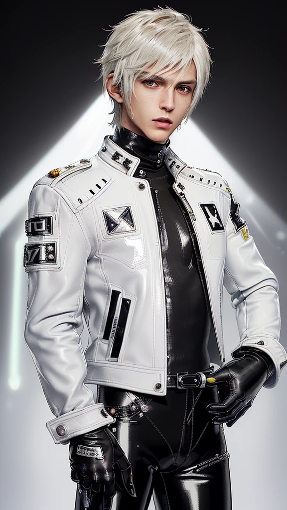 ((Final fantasy taste and reality graphics)), ((Japanese young cute and cool ikemen  boy)), his age is early 20s, thin eyebrows and beady eyes,  ((((he wearing white color and  shining brightly enamel leather thick single-brest  jacket)))), ((with epaulet)), ((enamel leather jacket close all zippers)),, ,(( jacket collar is high length stand-up collar with belts)), jacket is a little black line pattern,close the front of the jacket, (((also wearing black color turtleneck shining brightly enamel leather shirts))),  (((tight black and shining brightly enamel leather pants))), ((((shining brightly black enamel leather tight and thin glove)))), ((black color and shining brightly leather knee-high raceup boots)),head-to-toe, whole body, boy looks like fashion model,Do not show skin from the neck down,(((all his clothes are smooth design and very shining)))