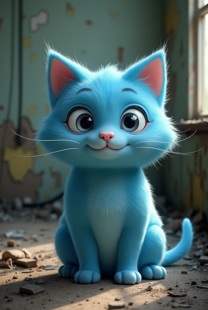 Very cute blue cat with a big head in a ruined and abandoned house