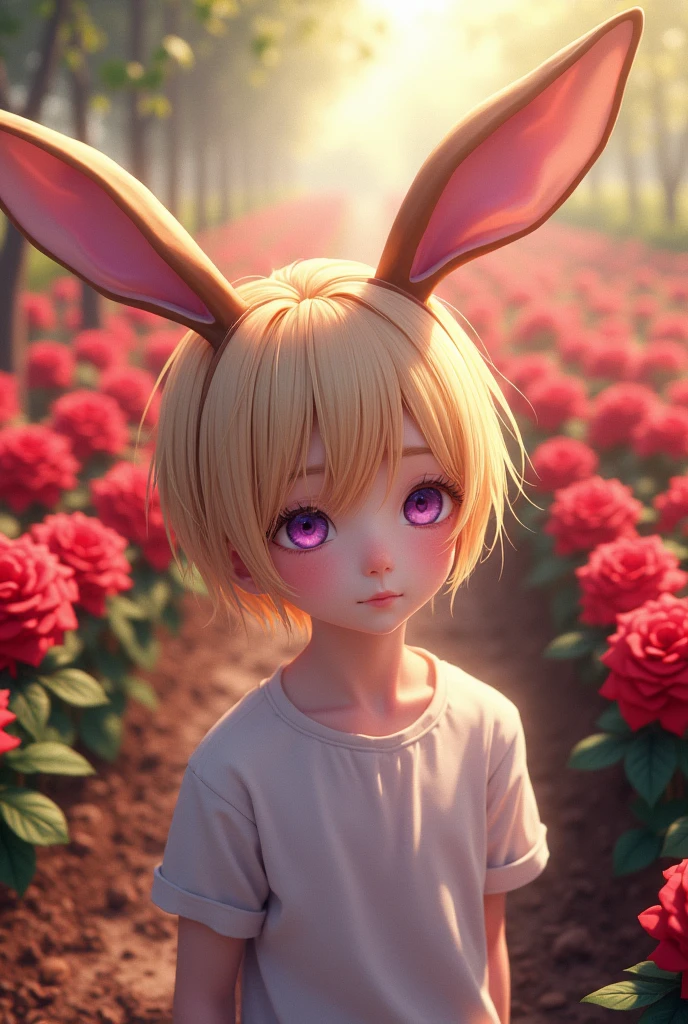 Blonde haired boy with violet eyes resembling Yoosung Kim from Mystic Messenger, with long brown hare ears and pink inside, with a background of a garden of red roses