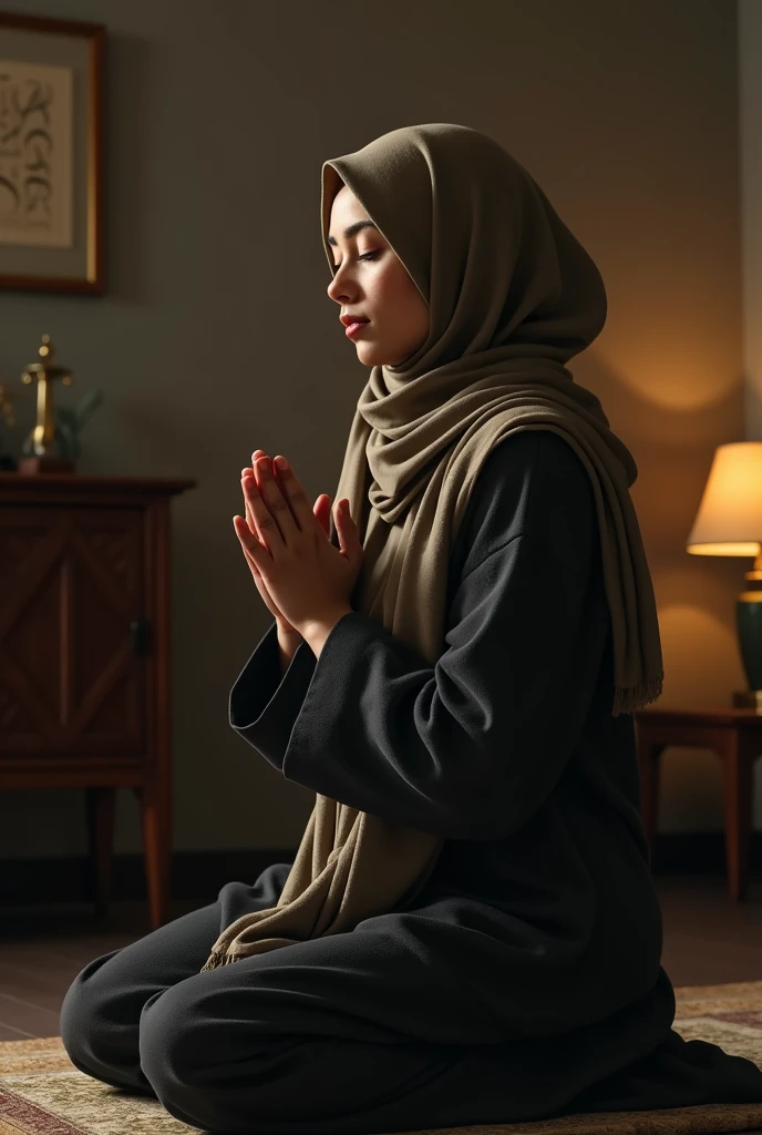 Muslim woman wearing hijab praying in her dark room