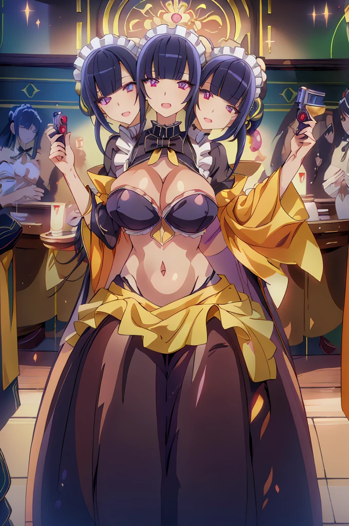 1 girl, Naboral Gamma,black hair, long hair, jewelry, earrings, complex detailed background, casino environment, fancy interior environment, rich, (3heads:1.5), open belly, very huge breasts, (very, beautiful eyes:1.5), (very detailed eyes:1.5), three headed girl,
interior, masterpiece, best quality, highly detailed, a anime girls in maid uniforms with a gun posing for a
picture, maid outfit, cleavage, evil smile, smile, open mouth ,ecchi anime style, anime girls, ecchi style,
ecchi, digital anime art!!, in anime style, official artwork, (nsfw) not safe for work, beautiful anime maid
girl, anime style 4 k, micro skirt, exposed belly, exposed navel, exposed midriff, exposed lower belly,
holding a gun