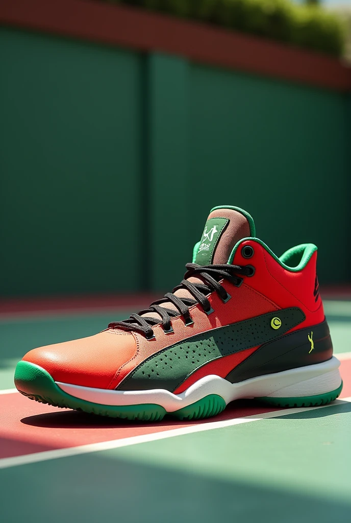 Red, green and black tennis shoes without brand
