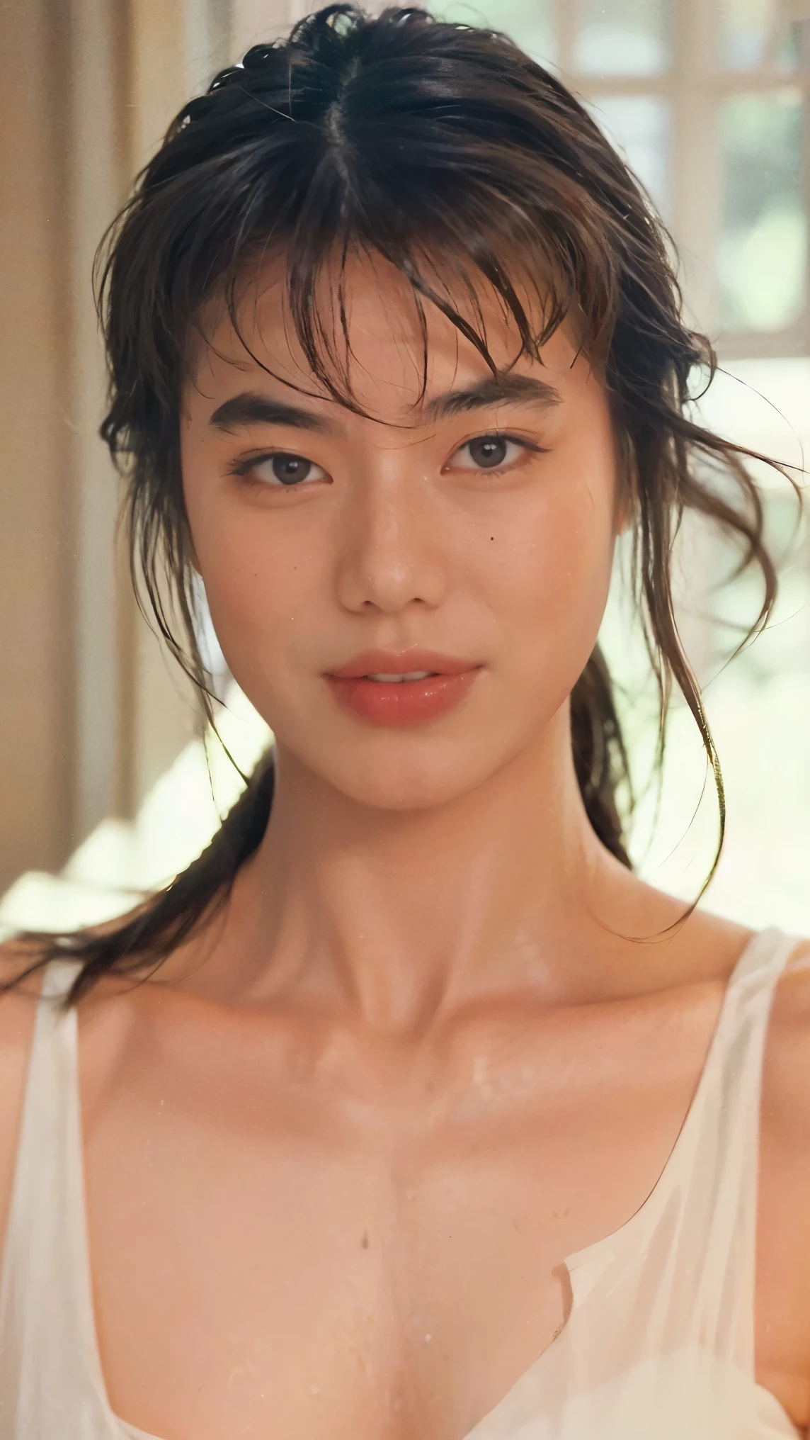 ((highest quality)), ((masterpiece)),one tropical asian woman, Random hairstyles for short hair or updo,18 ～ Random age over 35, wonderful face and eyes, looking at camera, open mouth、overbite、tanned skin、exotic face、Larger eyes、wide mouth to the side、blush:2.0、wet skin:2.0、wet hair:2.0、drenched、fuck me eyes、There is  all over the face